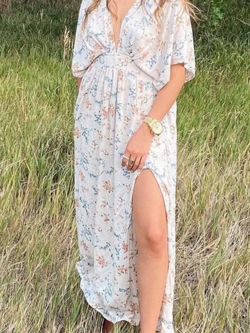 Boho Floral White Maxi Dress with Deep V and Side Slit